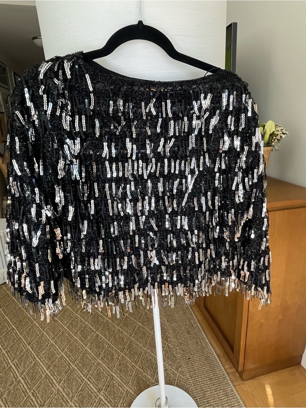 Zara Black Sequin Fringe Crewneck Sweater
